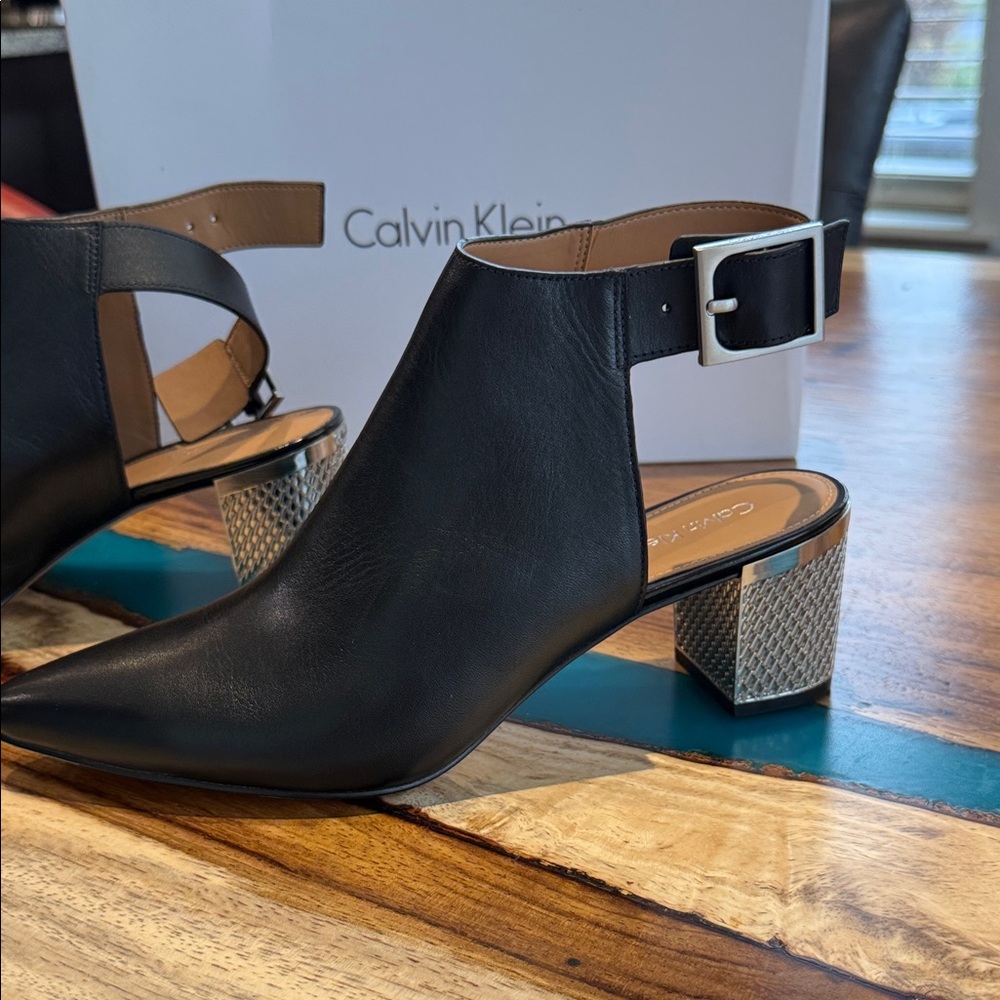 Calvin Klein Leather Black Heeled Ankle Boots with Silver Buckle